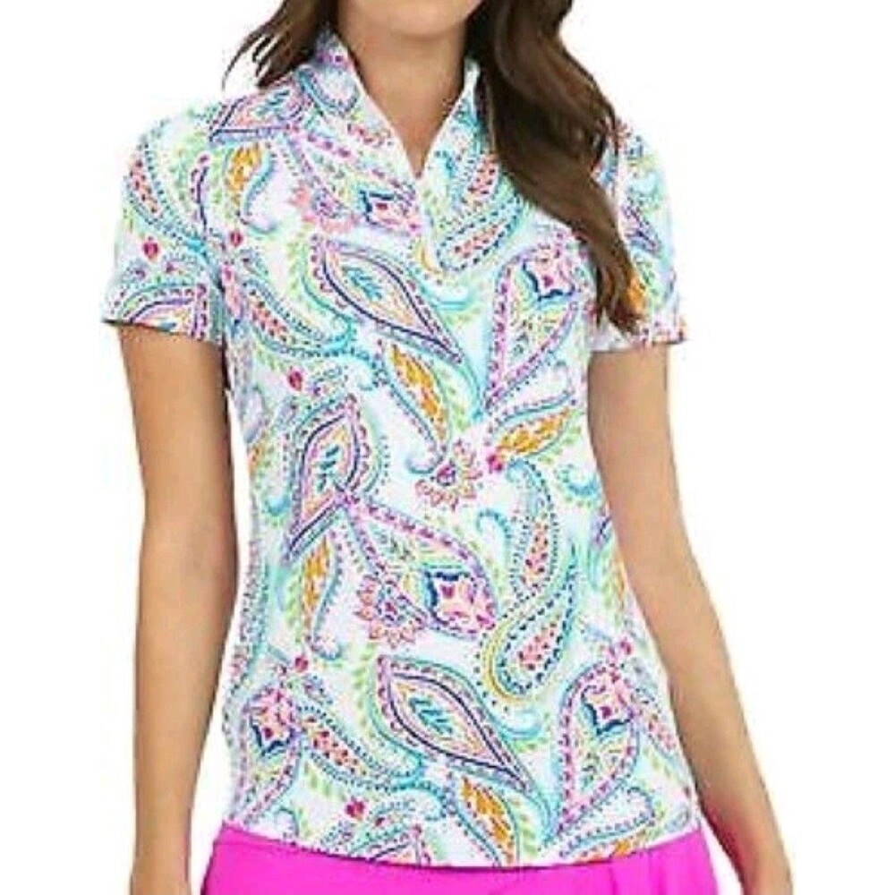 IBKUL SEAFOAM PAISLEY SHARON POLO SMALL GOLF HALF ZIP MOCK NECK SHORT SLEEVE